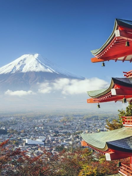 Mt. Fuji, Japan viewed from Chureito Pagoda in the autumn.